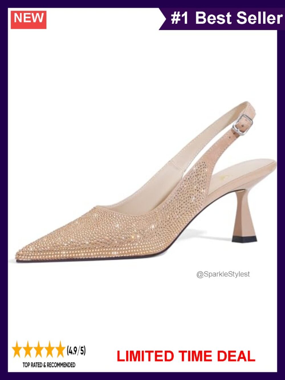 Faux Leather Slingback Kitten Heel Pointed Toe Rhinestone Dress Pumps